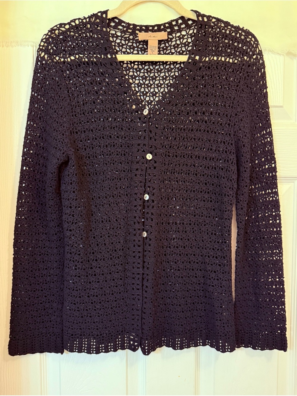 i.e. Relaxed Open-Knit Button Front Black Women's Cardigan Sweater-Size L